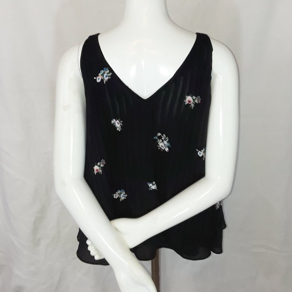Vintage Metaphor Black Lined Striped Floral Flowy Circle Tank Top XL - Picture 3 of 6